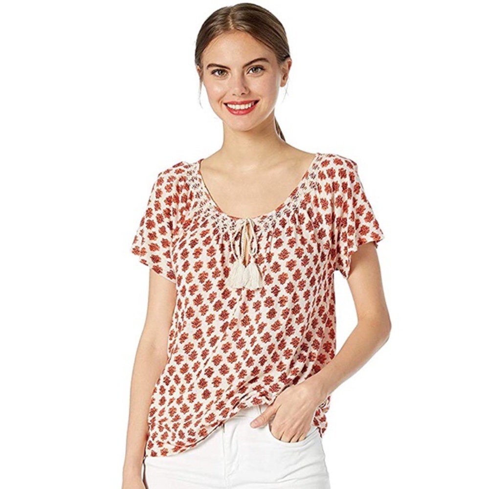Lucky Brand Women's Printed Smocked Peasant Top Size Small Short Sleeve